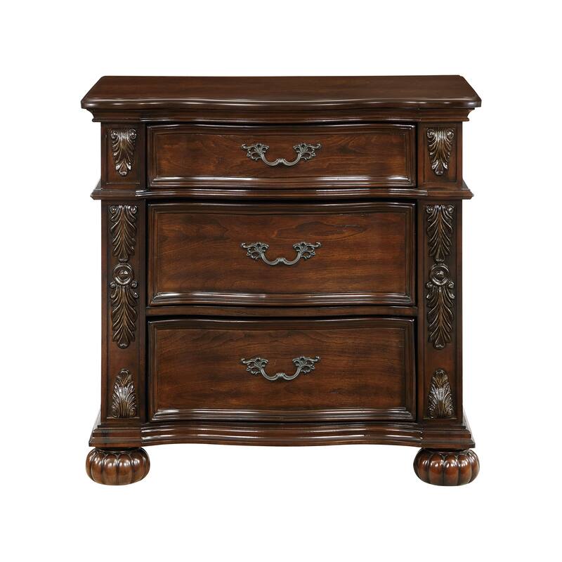 Nami 32 Inch Nightstand, 3 Drawers, Leaf Carvings, Cherry Brown Solid Wood