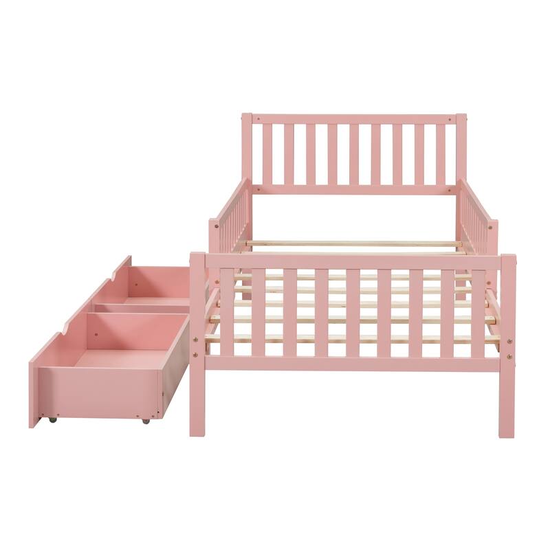 Twin Size Wood Bed with Guardrails and Two Storage Drawers