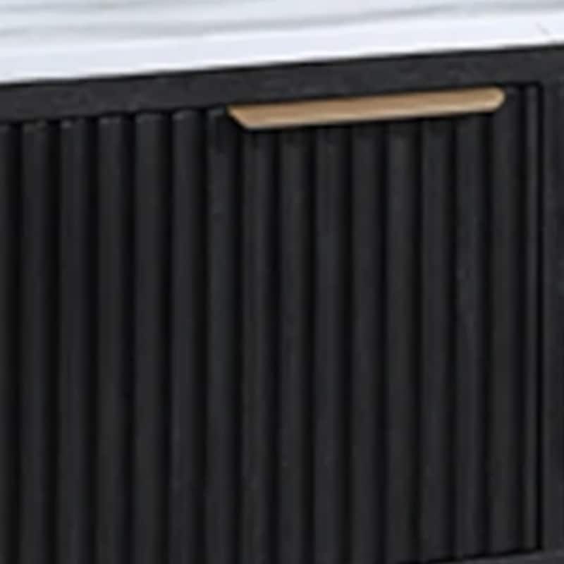 Frey TV Media Stand, 1 Drawer and Compartment, Brass Hardware, Black Wood