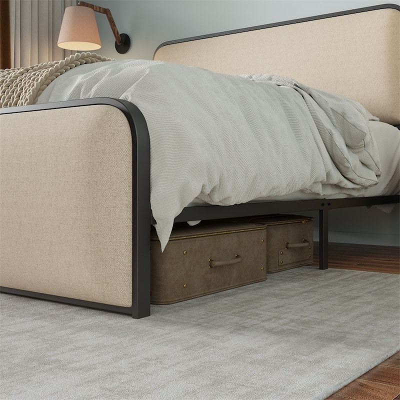 Modern Metal Bed Frame w/Curved Upholstered Headboard & Footboard Bed