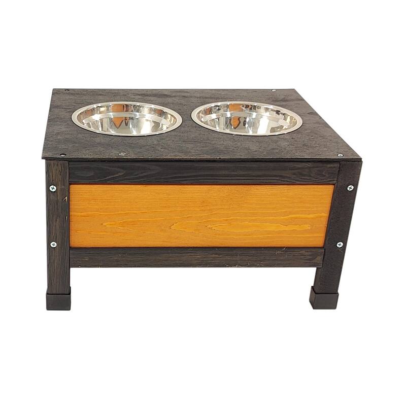 Outdoor Wooden Elevated Dog House Pet House with Storage Box, 2 Metal Bowls, Suitable for Small, Medium and Large Dogs