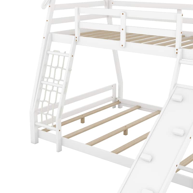 Twin over Queen House Bunk Bed, Solid Wood Low Bunk Bed Frame with Climbing Net & Climbing Ramp