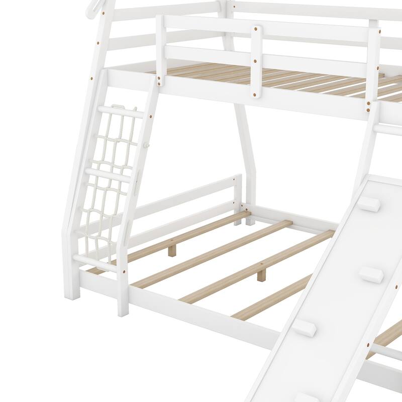 Twin over Queen Size Wooden Bunk Bed, Solid Pinewood House Shaped Bunk Bed Frame with Climbing Nets and Climbing Ramp