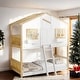 preview thumbnail 2 of 10, Artsy Twin over Twin Wood House Roof Bunk Bed with Roof, Window Box, Door, Safety Guardrails and Ladder, Natural+White