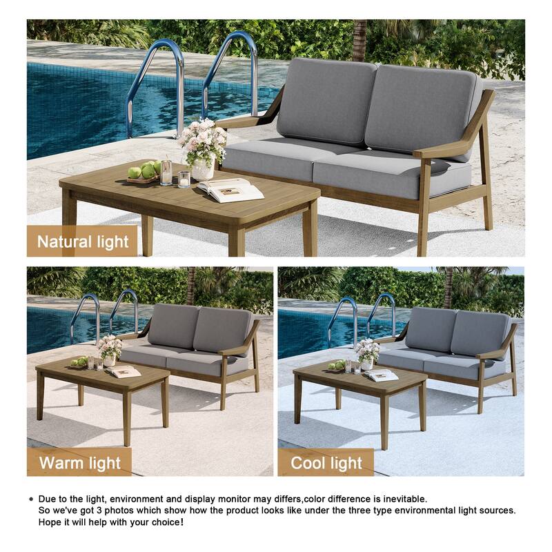 2-piece Brown/ Black Teak Cushioned Patio Loveseat Set with Coffee Table