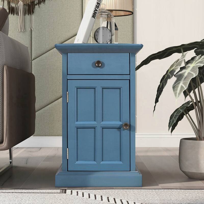 End Table Side Table with USB Ports and One Multifunctional Drawer with cup holders - Antique Navy