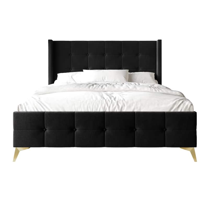 CraftPorch Luxurious Square Button-Tufted Wingback Velvet Upholstered Bed