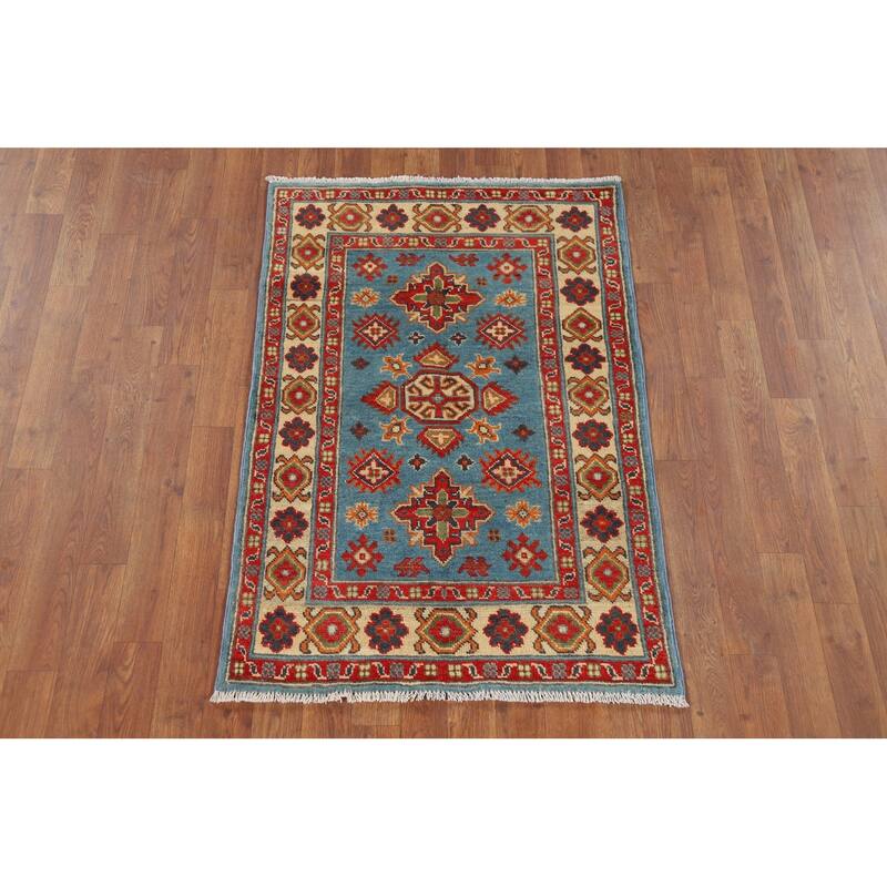 Light Blue Geometric Kazak Rug Hand-Knotted Oriental Wool Carpet - 2'8" x 3'11"