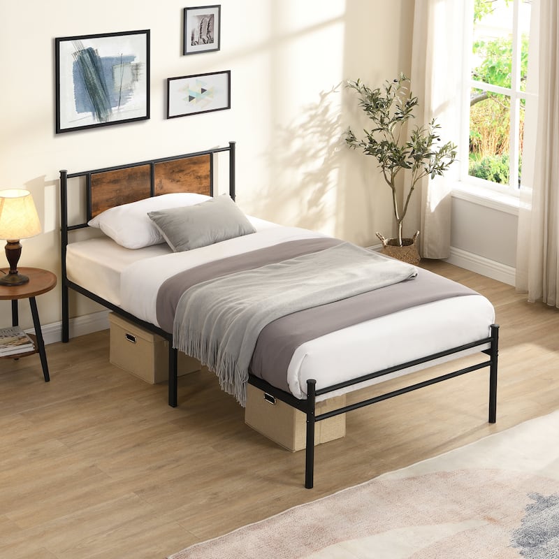 Metal Bedframe with Modern Wood Headboard, Upgraded Heavy Duty Metal Sturdy Platform Bed Frame, No Noise Metal Slats