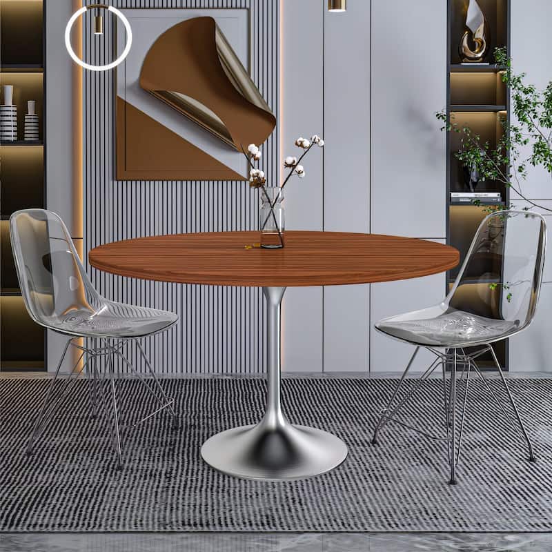 LeisureMod Verve 48" Round Dining Table with MDF Wood TableTop and Brushed Chrome Base for Kitchen & Dining Room
