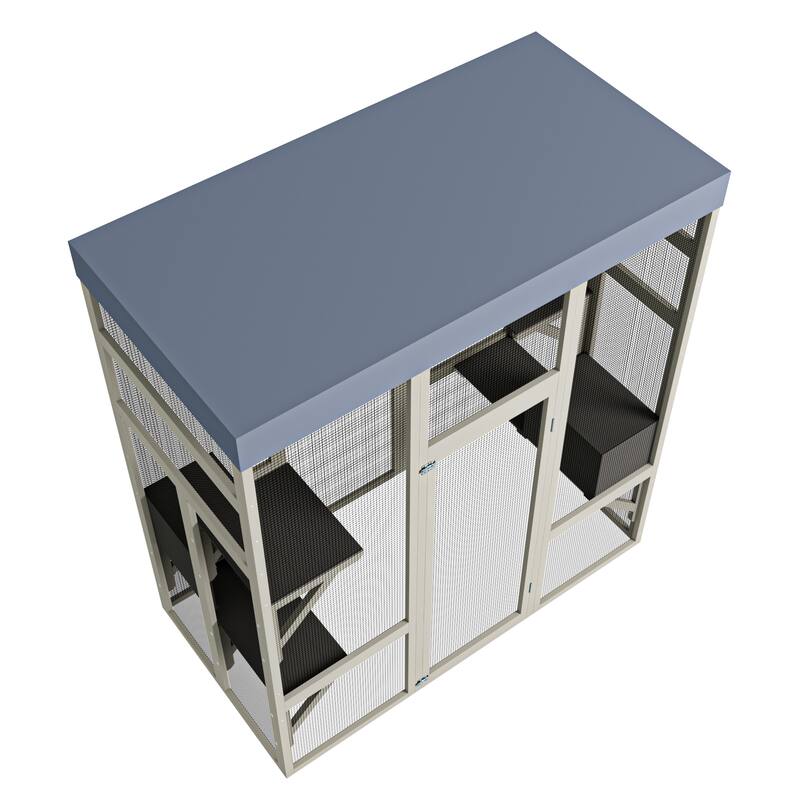 Outdoor Wooden Catio for Cats, Large Cat Shelter Enclosure, Secure Pet Cage with Waterproof Roof, 2 Cat Houses & Platforms