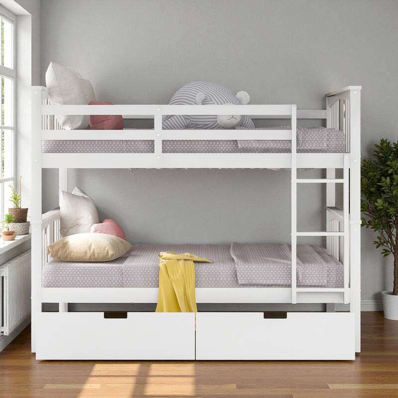 Twin Over Twin Bunk Bed with Ladder, Solid Wood Low Bunk Bed Frame with Guardrails, Space-Saving Design for Kids Bedroom - White - Twin