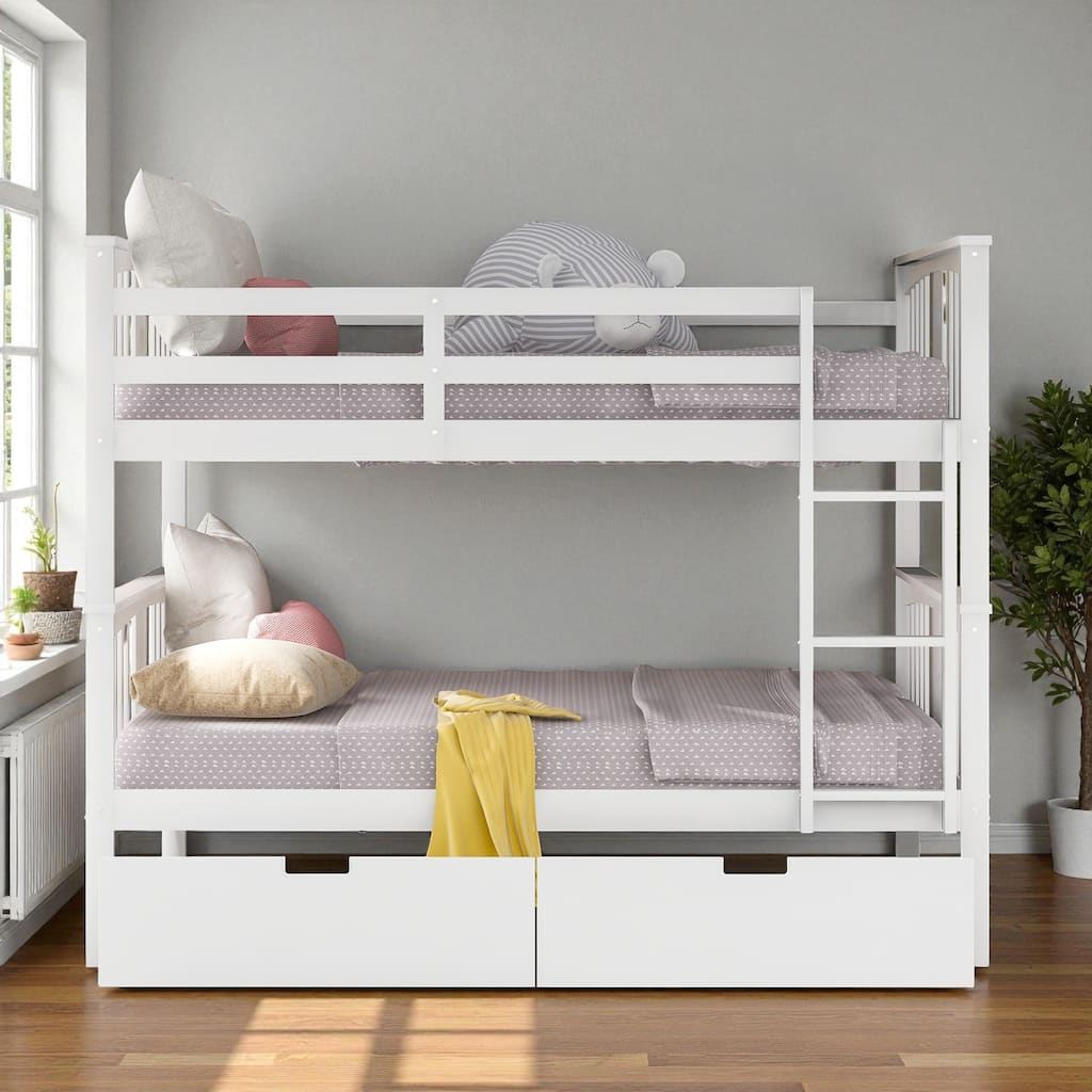 Twin Over Twin Bunk Bed with Ladder, Solid Wood Low Bunk Bed Frame with Guardrails, Space-Saving Design for Kids Bedroom