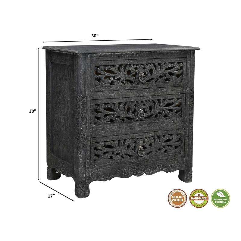 Florence Floral Carved Wood 3-Drawer Nightstand