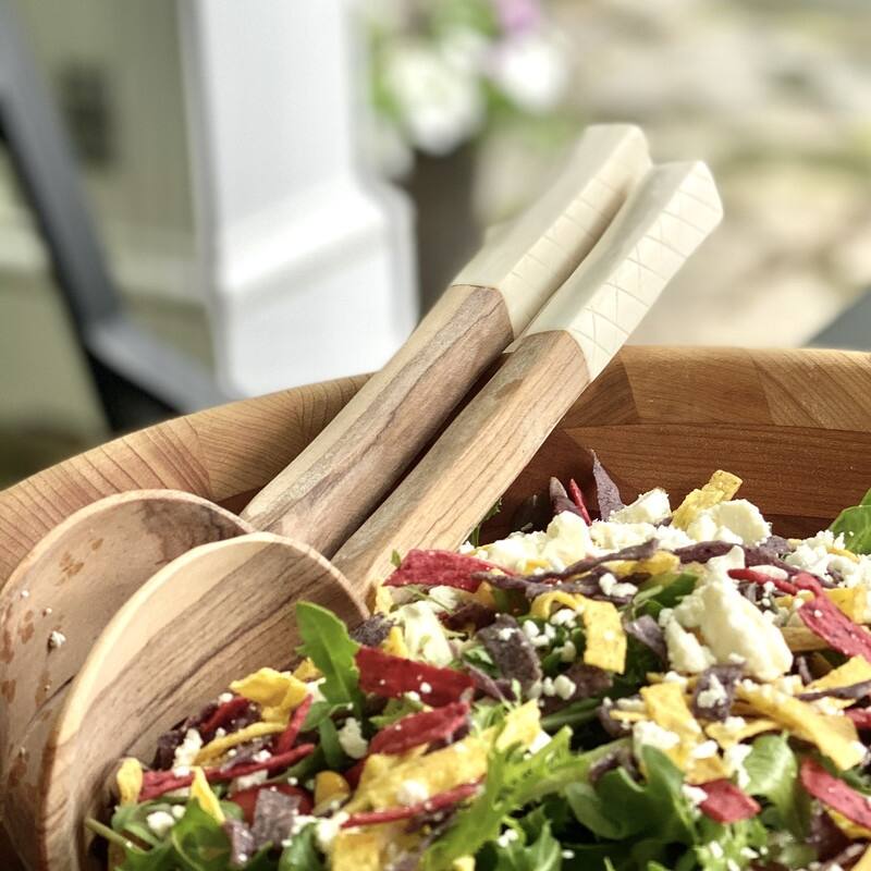 Handmade Olive Wood Serving Utensils with Natural Batik Bone Handles (Kenya)