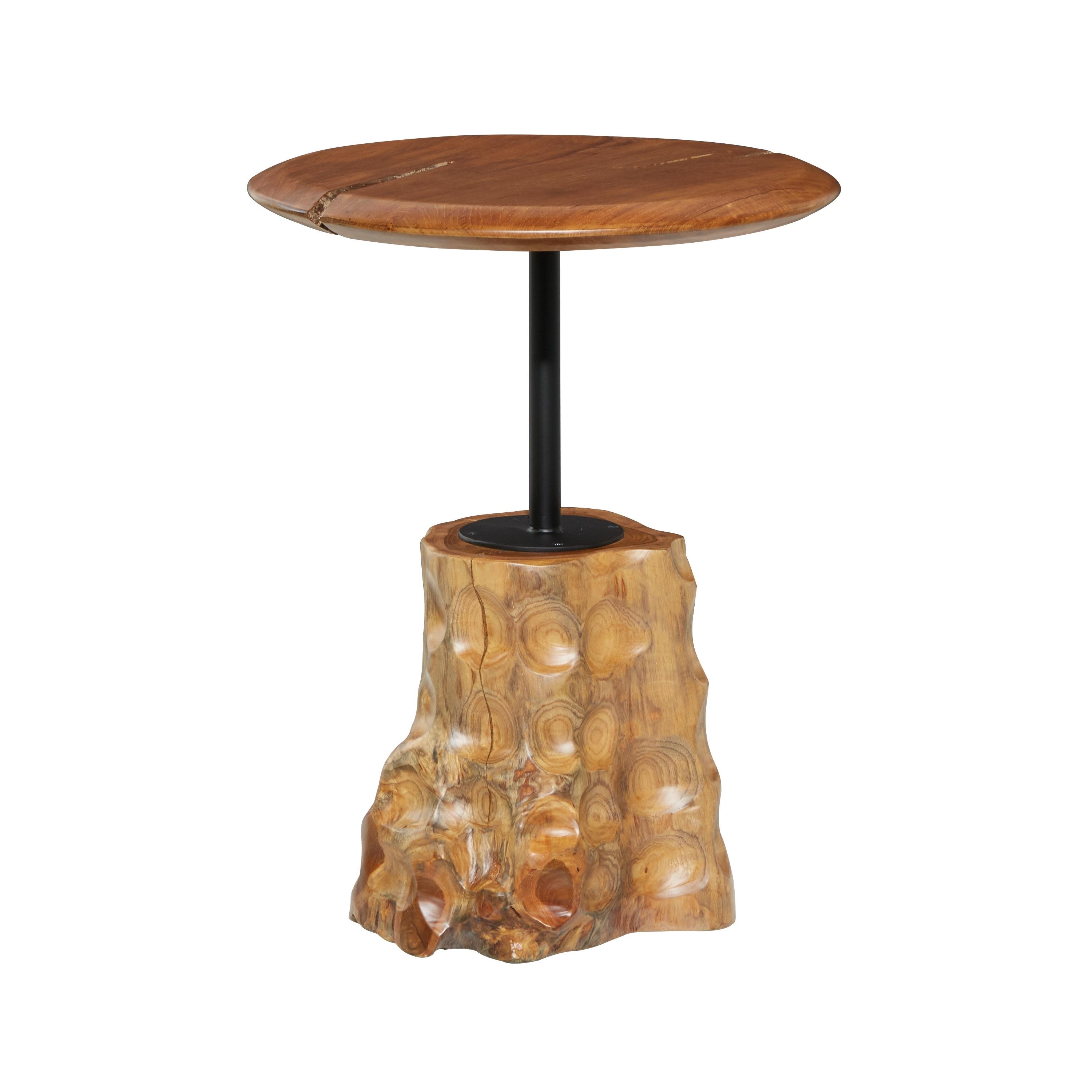 Roche River Decor - Teak Wood Handmade Live Edge Raised Tabletop Accent Table with Tree Stump Base - Brown