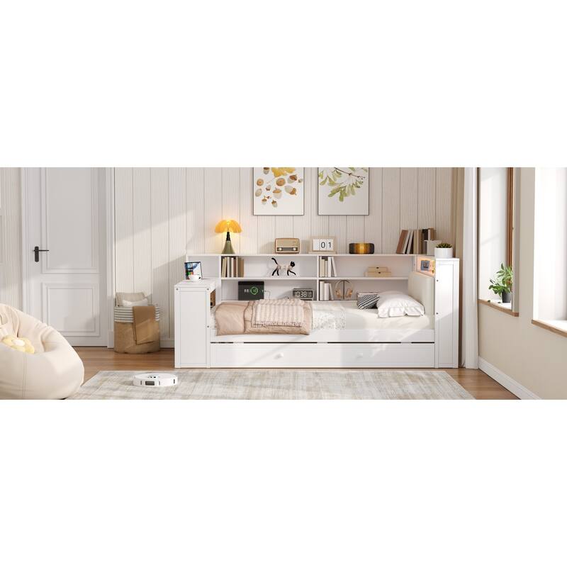 Roomfitters Twin/Full Platform Bed with Trundle, LED Headboard, Charging Station and Storage