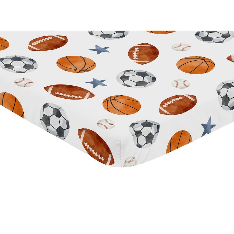 Sweet Jojo Designs Sports Theme Boy Fitted Mini Portable Crib Sheet Watercolor Vintage Soccer Balls Football Baseball Basketball