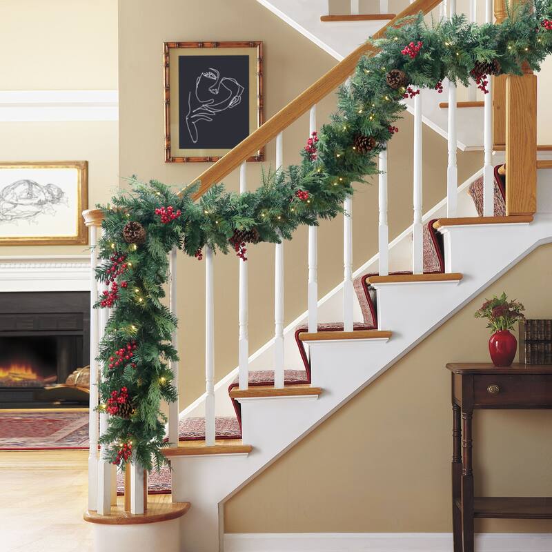 Puleo International 9' x 10" Pre-Lit Battery-Operated Adorned Garland - Green