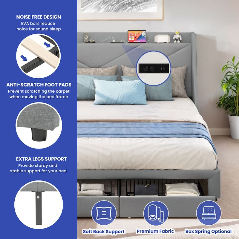 Queen Wingback Bed Frame with Drawer and USB Charging