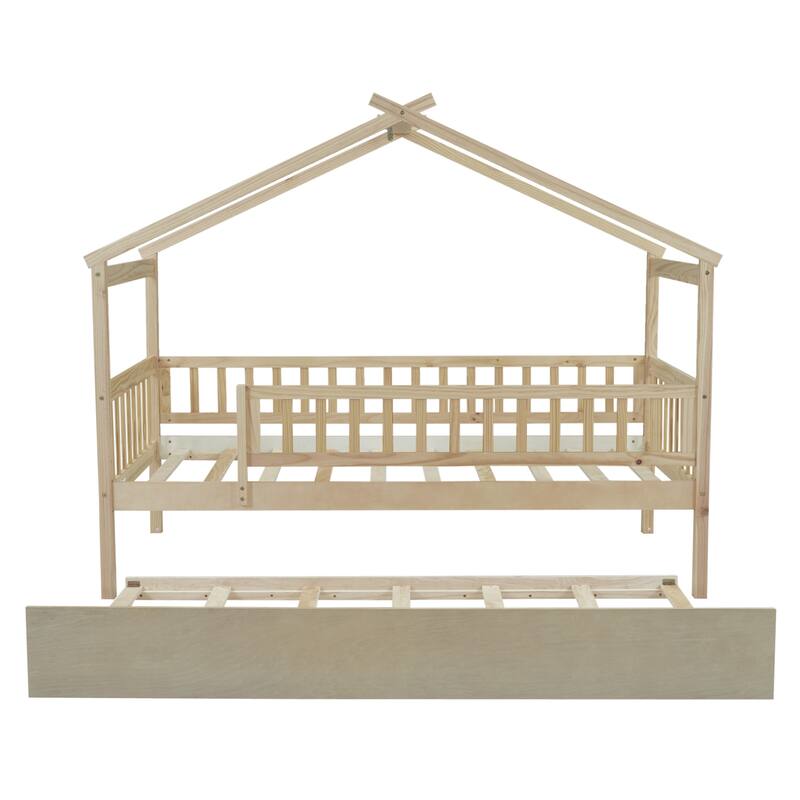 Pine House Bed with Trundle, Guardrail & Roof