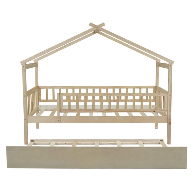 Twin Size House Bed with Trundle, Wooden Playhouse Kids Bed Frame with Roof and Fence, Montessori Style Bed