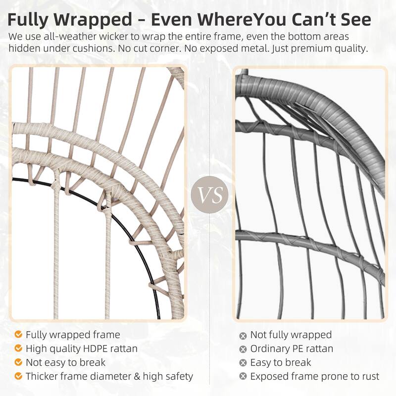 Hanging Chair PE Hanging Chair with Stainless Steel Suspension kit, Outdoor Garden Rattan Egg Swing Chair with Cushion