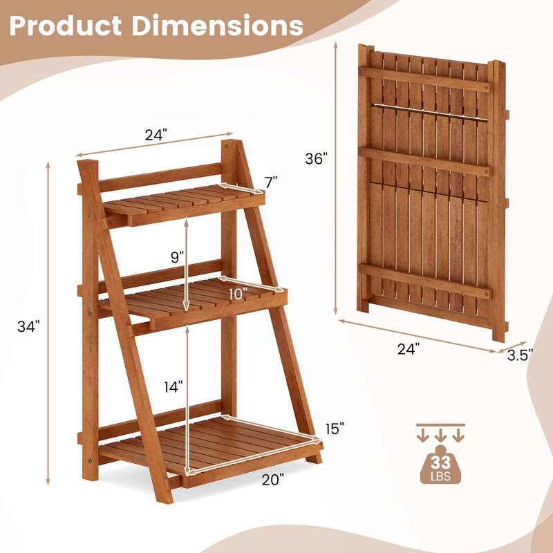 Gymax 3-Tier Wood Plant Stand Folding Flower Rack w/Ladder Design