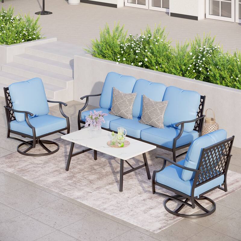 MAISON ARTS 4/5-Piece Patio Conversation Sets, Sofa Set with 2 xSingle Sofa Chairs, 1 x 3-seater Sofa and Coffee Table/Ottomans - Set 2 - Baby Blue