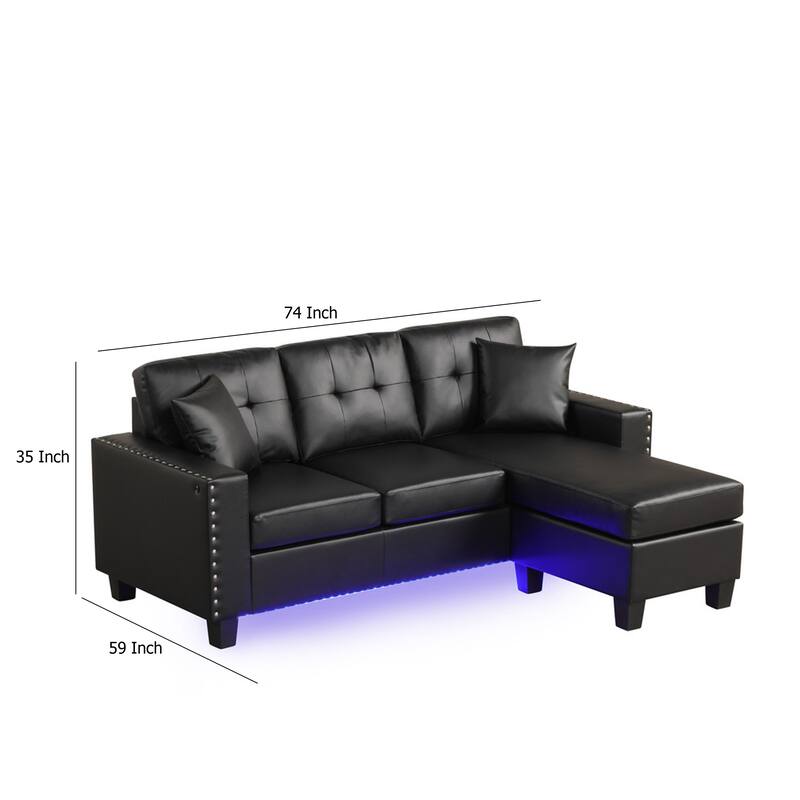 Renza Sectional Sofa Chaise with LED Lights, 2 Pillows, Black 74 Inch