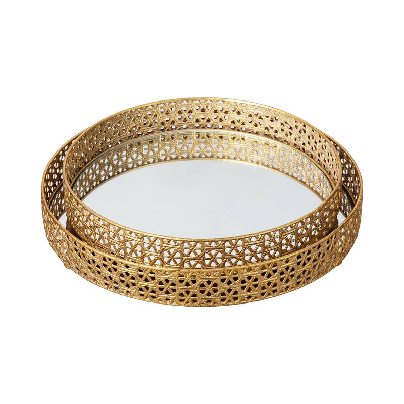 Glitzhome Set of 2 Round Metal Gold Mirrored Decorative Trays -13"/15"L