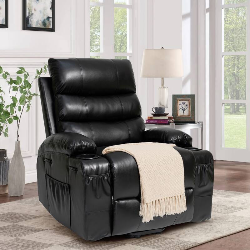 Classic Vintage Power Massage and Heating Function PU Upholstered Leisure Recliner with Lift Base - Black
