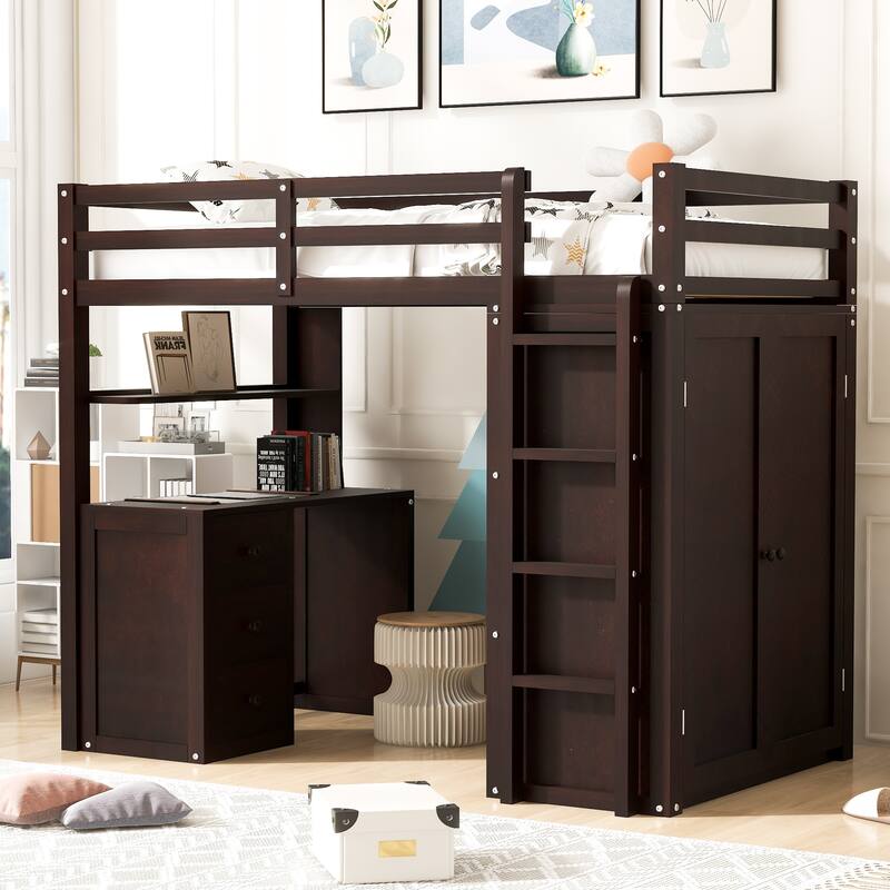 Twin/Full Size High Loft Bed with Built-in Desk and Wardrobe, Wooden Loftbed Bedframe with 3 Drawers, for Kids, Teens, Adults