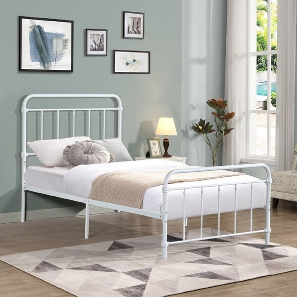 ベッドフレーム White bed frame VECELO Victorian Bed Frame ，White Metal Frame 55 in. W Full