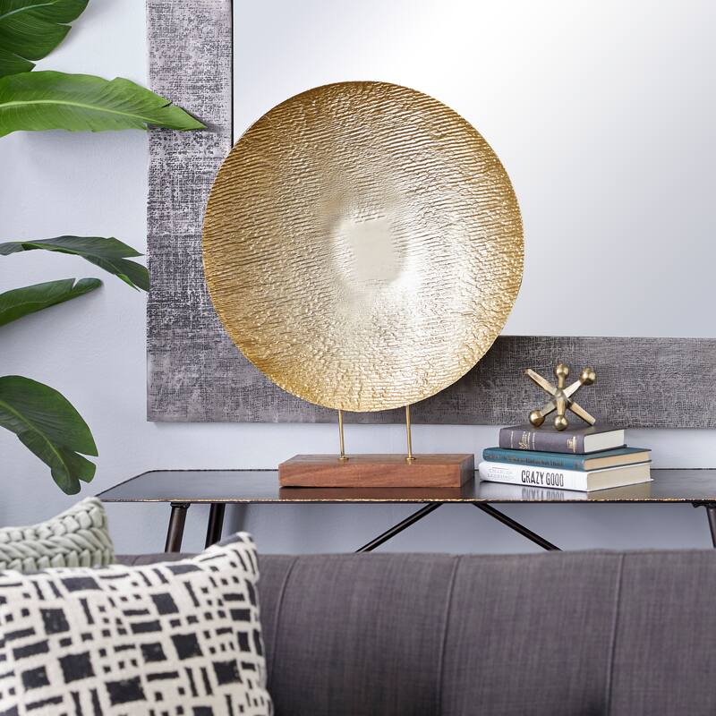 Gold Metal Plate Geometric Decorative Sculpture with Wood Stand - Gold