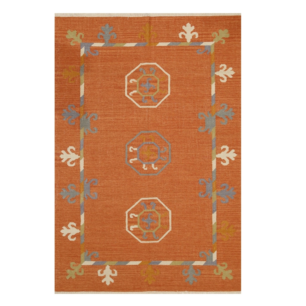Rust Handmade Wool Traditional Suzani Kilim Rug, 9' x 12' - Bold Suzani pattern in a flatweave wool rug. - N/A