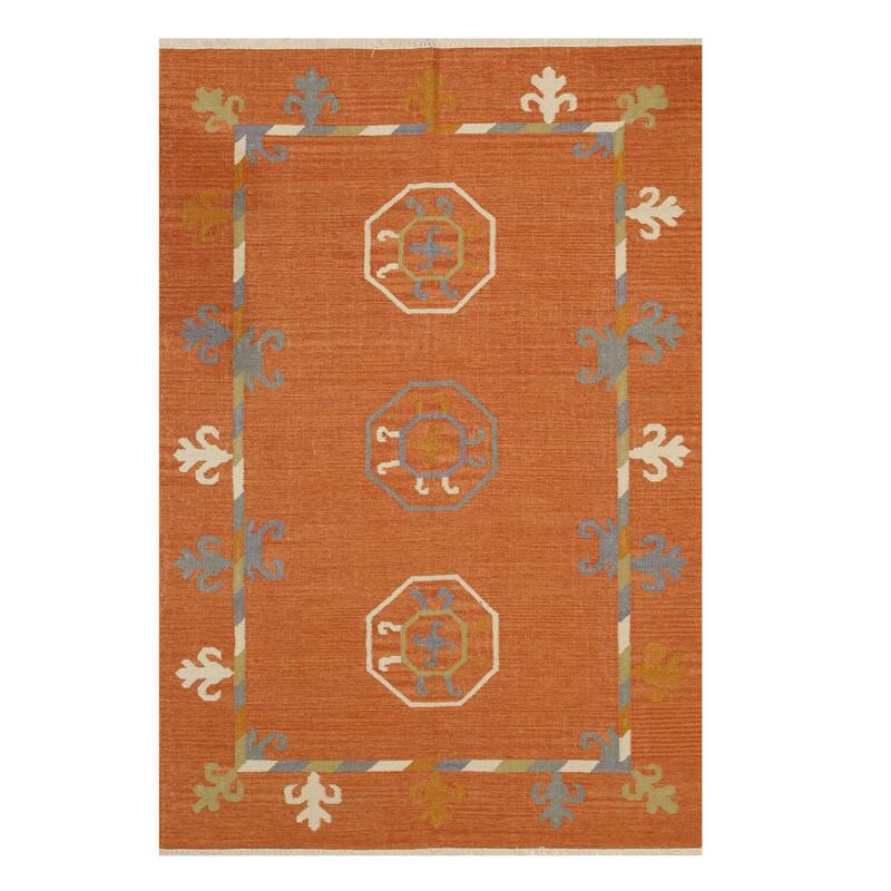 Rust Handmade Wool Traditional Suzani Kilim Rug, 9' x 12' - Bold Suzani pattern in a flatweave wool rug. - N/A