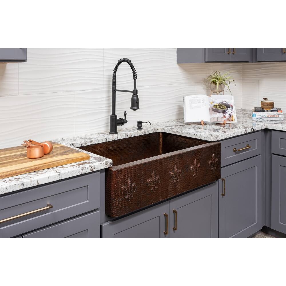 33-in Hammered Copper Apron Front Single Basin Kitchen Sink w/ Fleur De Lis (KASDB33229F)