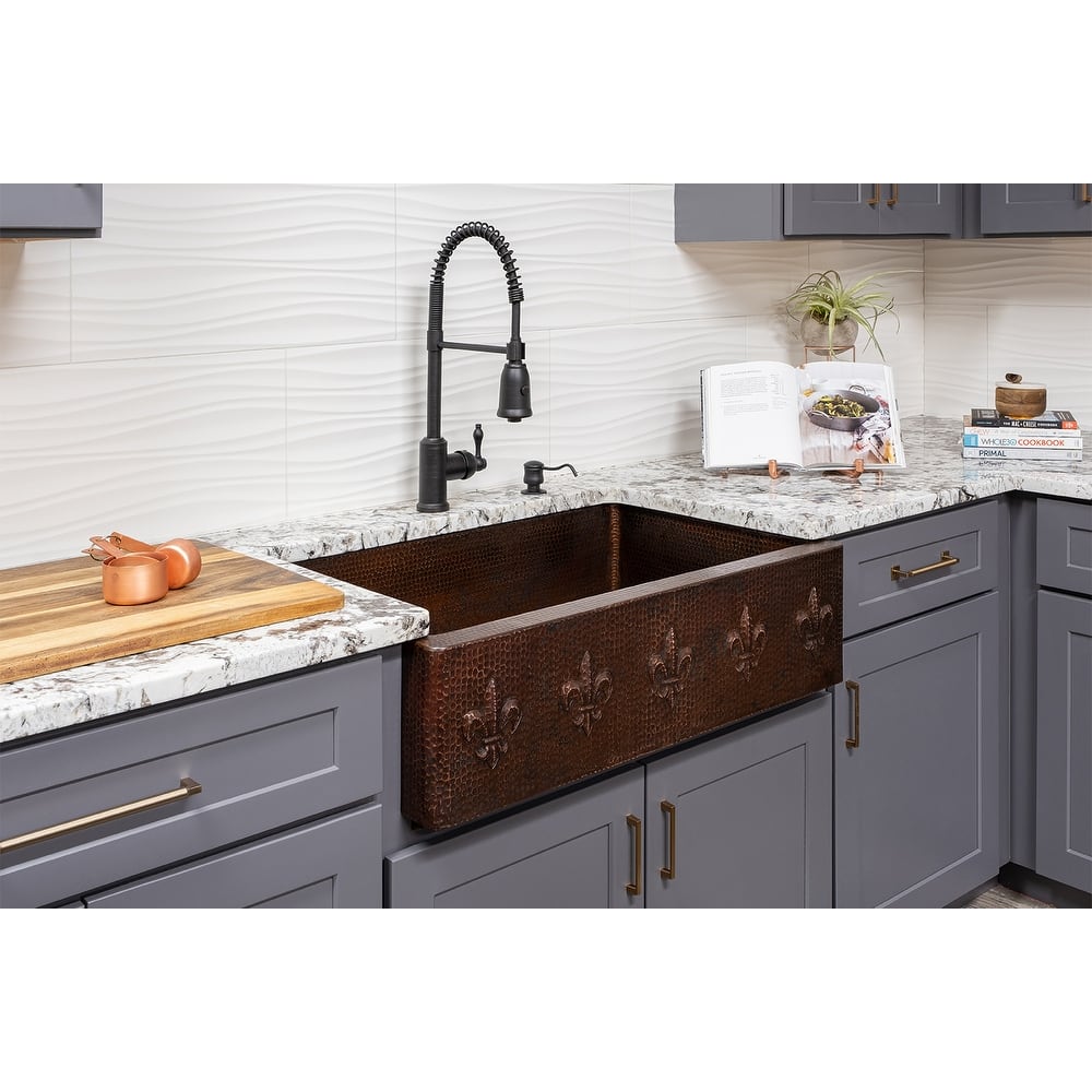 33-in Hammered Copper Kitchen Apron Single Basin Sink w/ Fleur De Lis with Matching Drain and Accessories (KSP3_KASDB33229F)