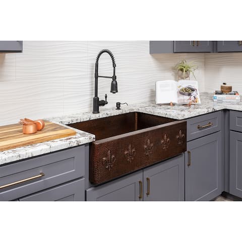33-in Hammered Copper Kitchen Apron Single Basin Sink w/ Fleur De Lis with Matching Drain and Accessories (KSP3_KASDB33229F)