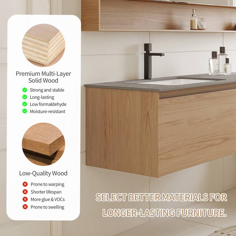 48" Single Bathroom Vanity, Modern, Gray Stone Stop, Light Solid Wood