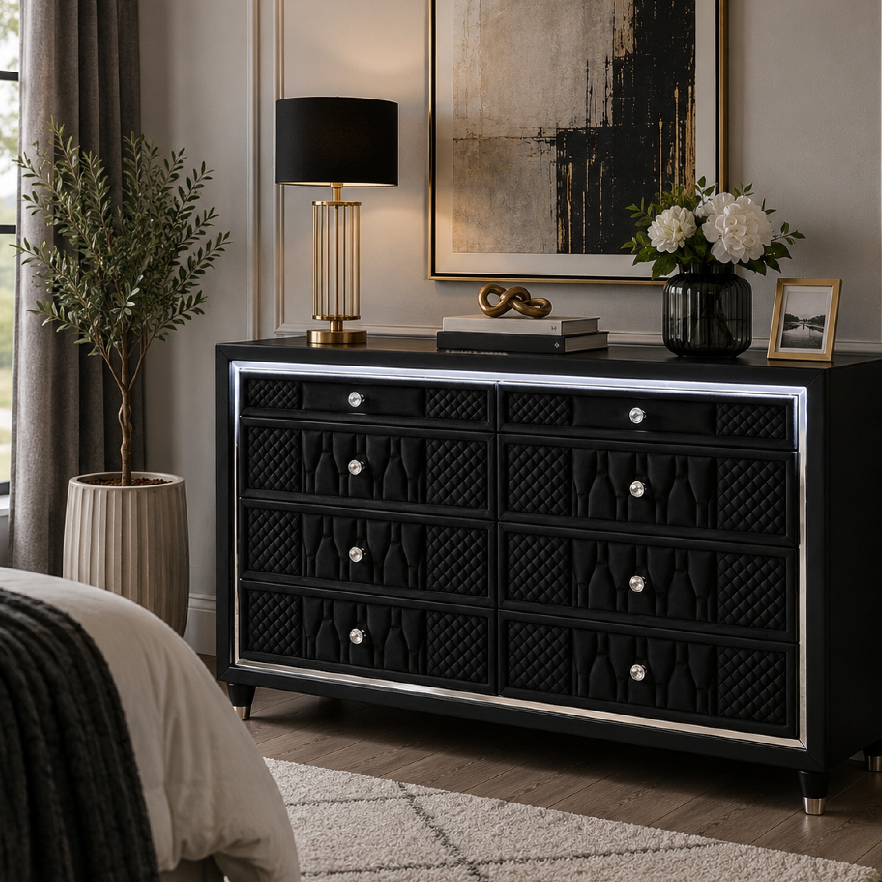 black dresser with glass top Maren Wide Dresser, 8 Drawers and LED Light, Tufted Velvet, Benjara and small pieces easy to find Luxury Dresser and Chest With