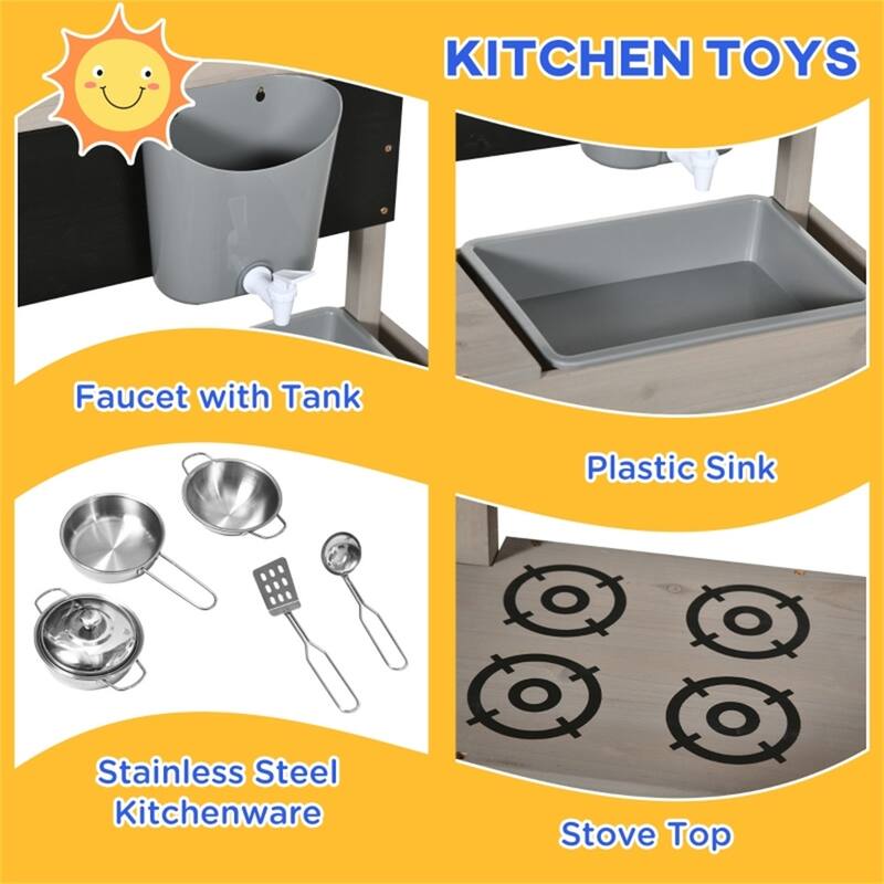 Gray Wooden Kids Sandbox with Kitchen Set Adjustable Canopy and Storage Shelf for Ages 3 to 7 Years - 45"W x 43.25"D x 43.25"H