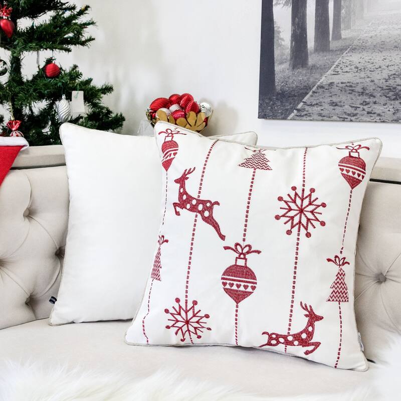 White Christmas Throw Pillow 20x20 with Red Embroidered Reindeer and Snowflakes