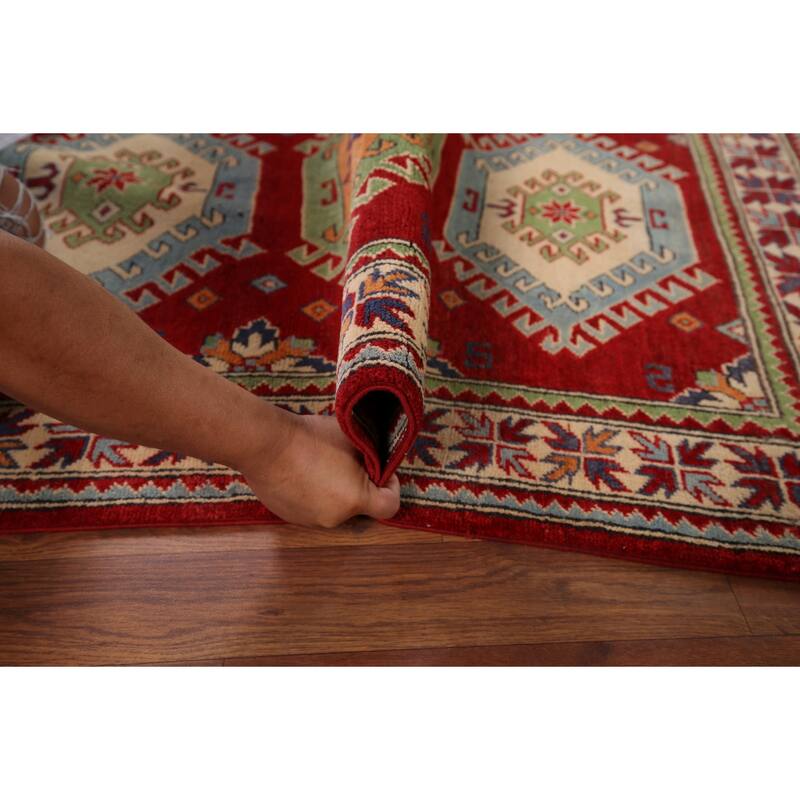 Red Geometric Kazak Foyer Rug Handmade Traditional Wool Carpet - 3'4" x 4'10"