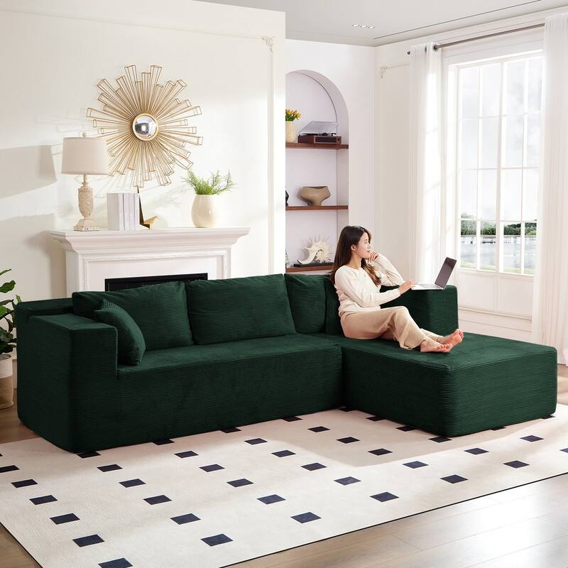 Mixoy W106'' Modern 2-Piece Free Combination Corduroy Upholstered L-Shaped Modular Sectional Sofa with Right Chaise and Pillow