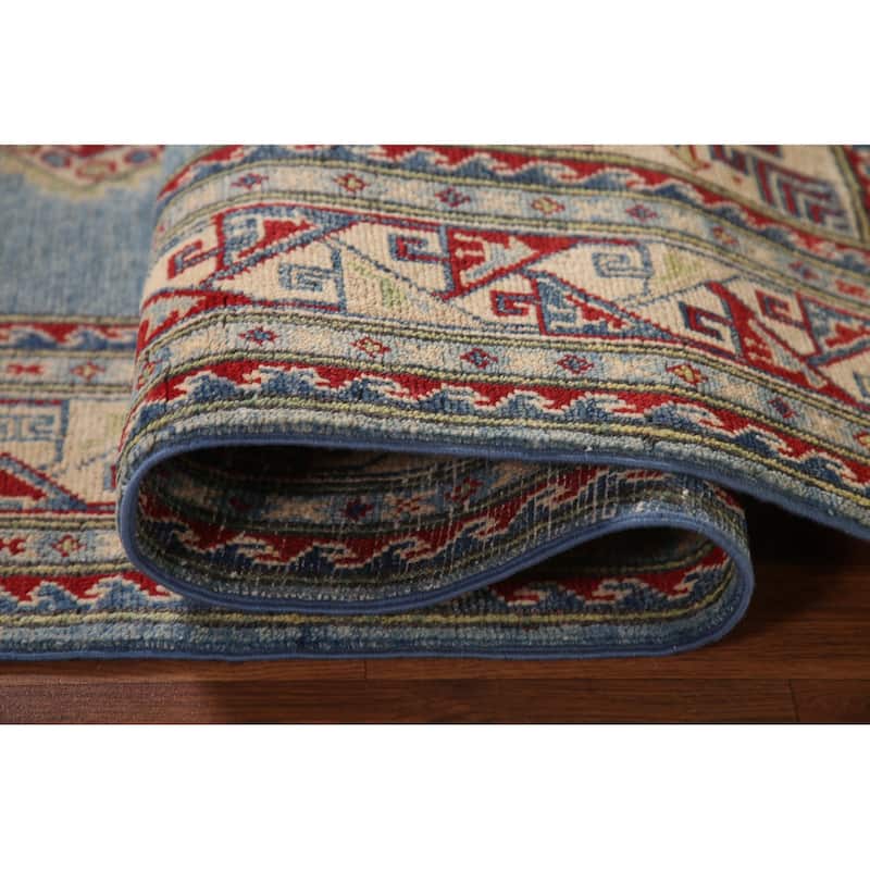 Blue Geometric Kazak Area Rug Handmade Oriental Wool Carpet - 6'0" x 9'8"