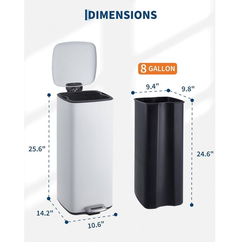 8 Gal / 30L Square Step Trash Can Stainless Steel with Lid and Inner Bucket White