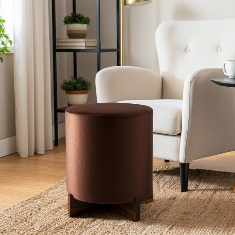 Velvet Ottoman with Wood Base Round Modern Casual Accent - 18" Brown - Brown - 18" x 18" x 18.25"