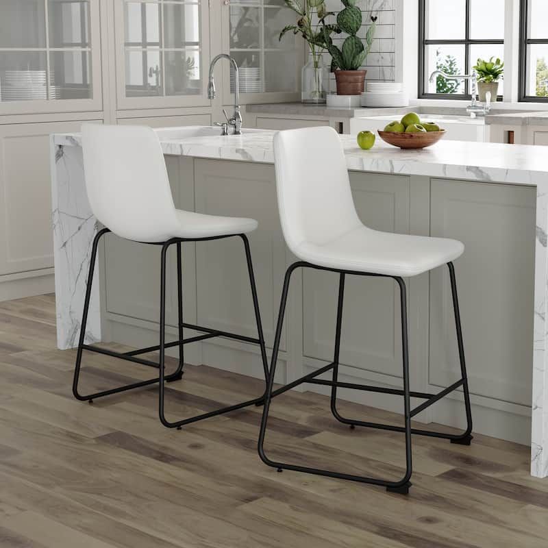 Set of 2 Comfy Brown Suede Bar Stools 37 Inch Tall Retro Industrial Design for Home Cafe - White